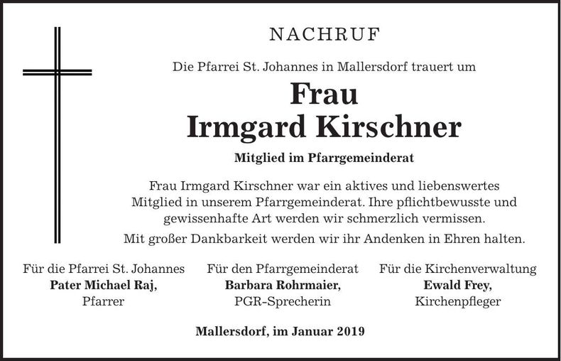Traueranzeige Irmgard Kirschner