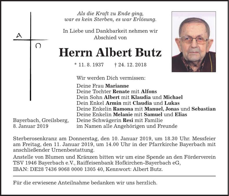 Traueranzeige Albert Butz