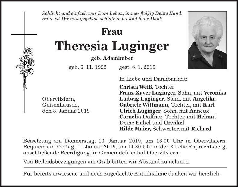 Traueranzeige Theresia Luginger