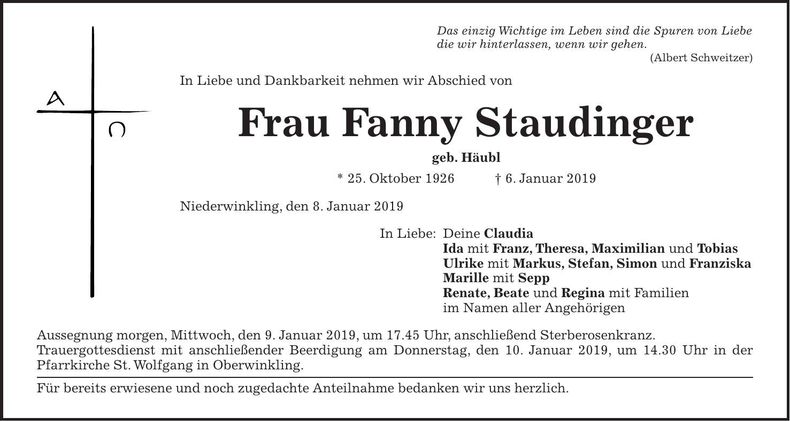 Traueranzeige Fanny Staudinger