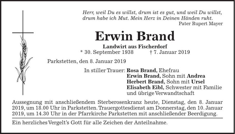Traueranzeige Erwin Brand