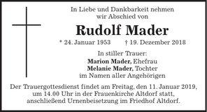 Traueranzeige Rudolf Mader