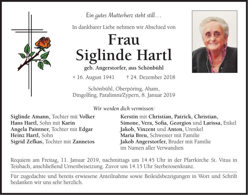 Traueranzeige Siglinde Hartl