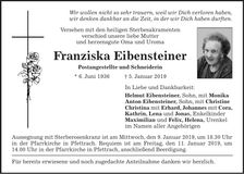 Traueranzeige Franziska Eibensteiner