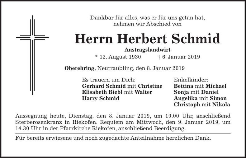 Traueranzeige Herbert Schmid