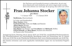Traueranzeige Johanna Stocker