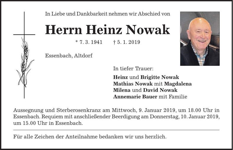 Traueranzeige Heinz Nowak