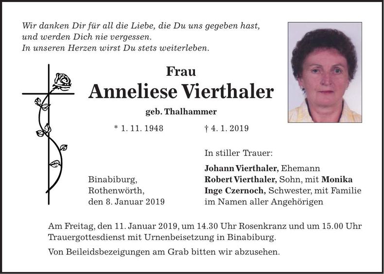 Traueranzeige Anneliese Vierthaler