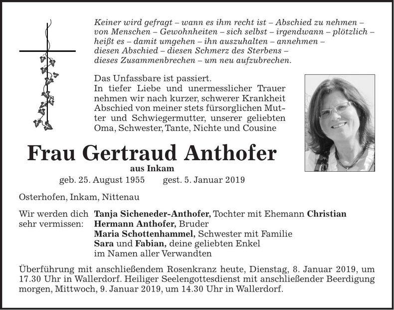 Traueranzeige Gertraud Anthofer