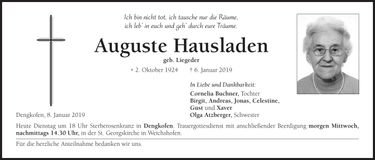 Traueranzeige Auguste Hausladen