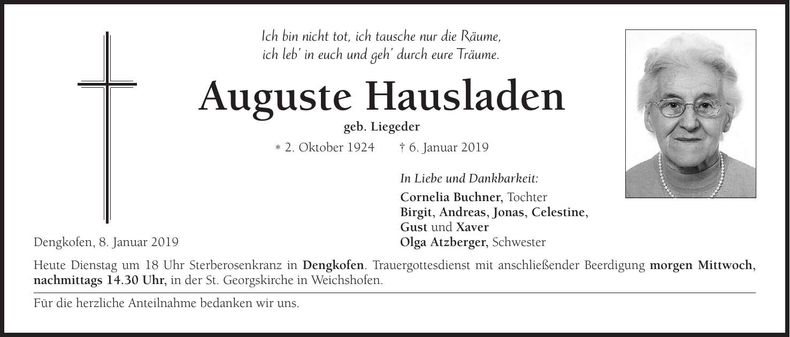 Traueranzeige Auguste Hausladen