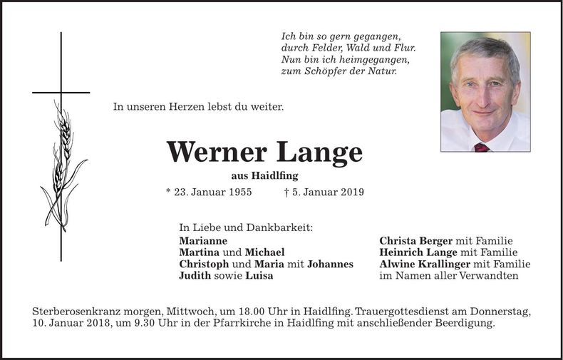 Traueranzeige Werner Lange