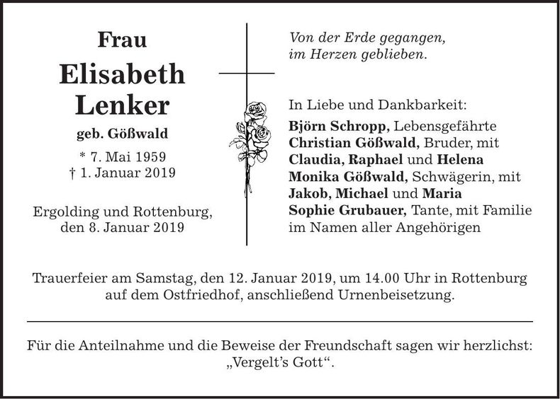 Traueranzeige Elisabeth Lenker