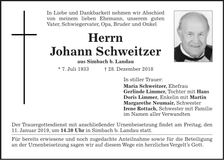 Traueranzeige Johann Schweizer