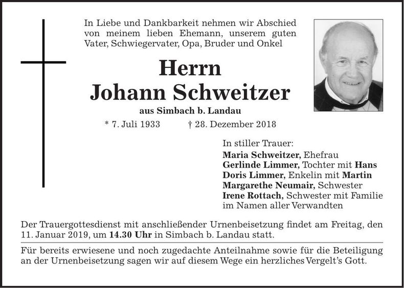 Traueranzeige Johann Schweizer