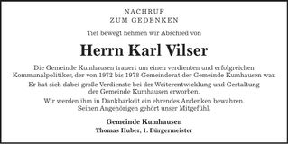 Traueranzeige Karl Vilser