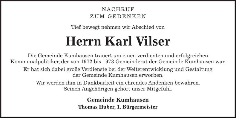 Traueranzeige Karl Vilser