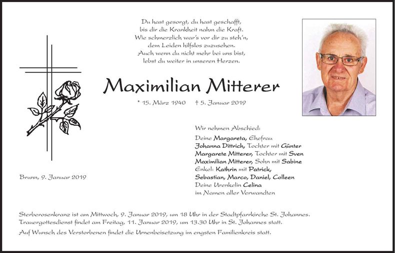 Traueranzeige Maximilian Mitterer