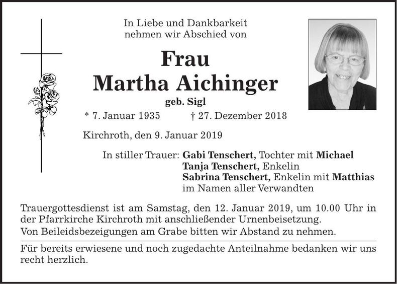 Traueranzeige Martha Aichinger