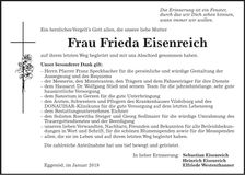 Traueranzeige Frieda Eisenreich