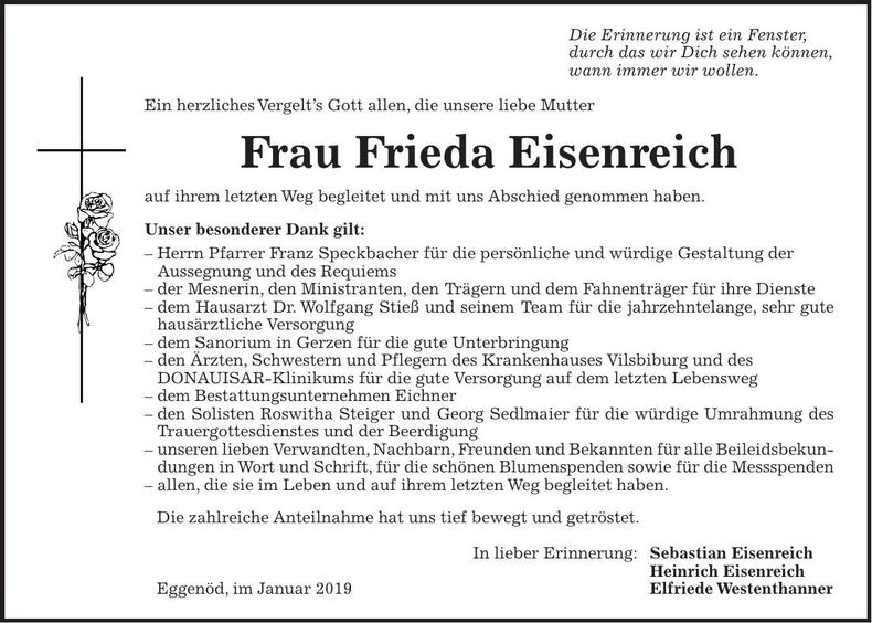 Traueranzeige Frieda Eisenreich