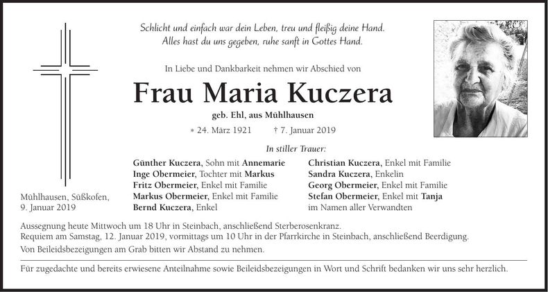 Traueranzeige Maria Kuczera