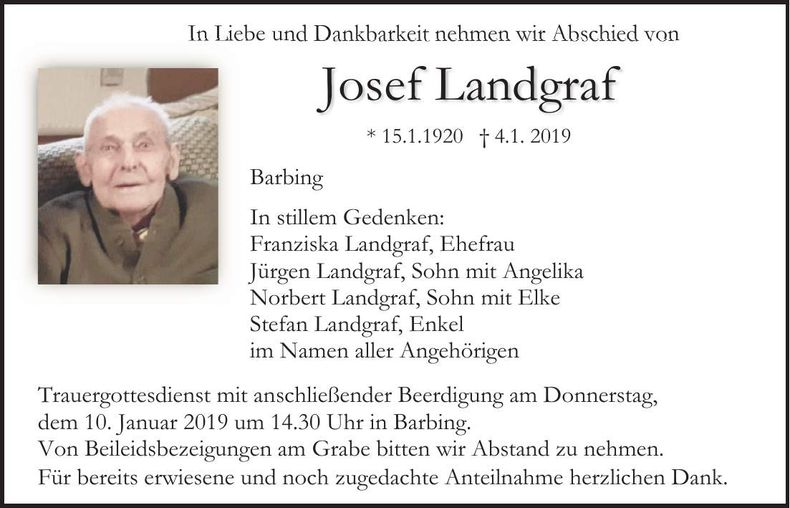 Traueranzeige Josef Landgraf