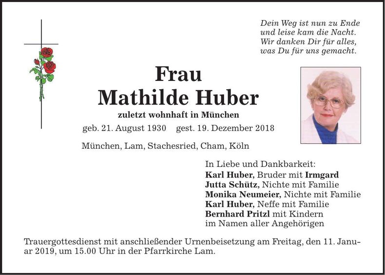 Traueranzeige Mathilde Huber