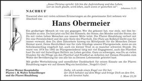Traueranzeige Hans Obermeier