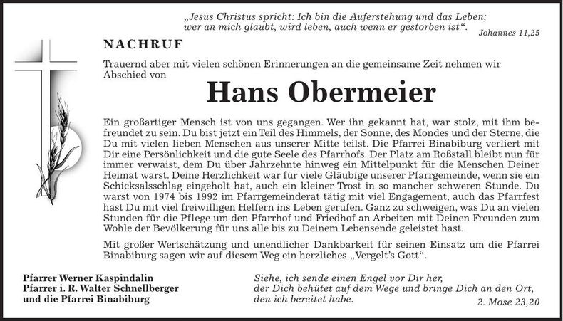 Traueranzeige Hans Obermeier