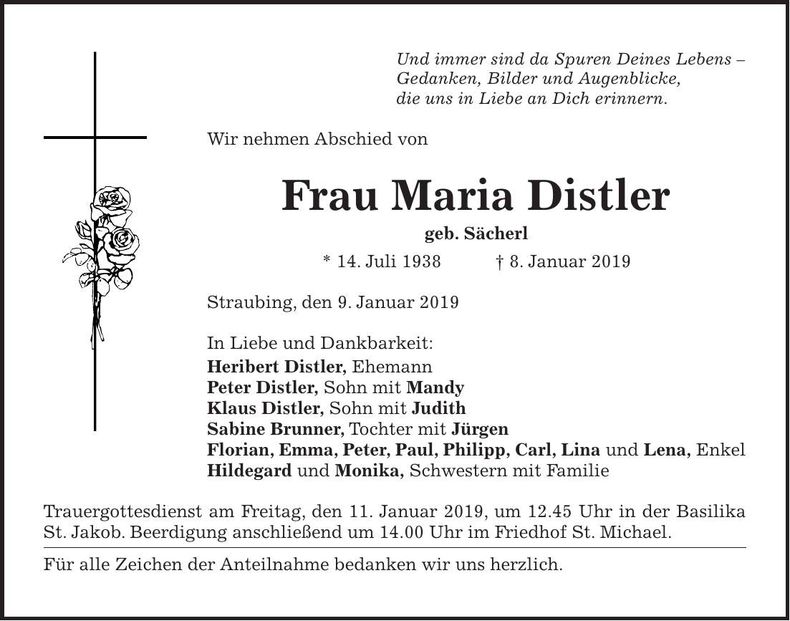 Traueranzeige Maria Distler