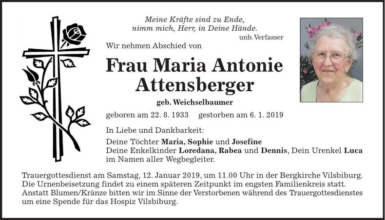 Traueranzeige Maria Antonie Attensberger