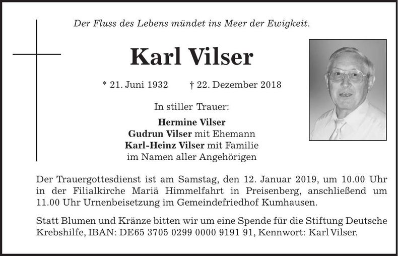 Traueranzeige Karl Vilser