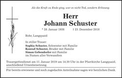 Traueranzeige Johann Schuster