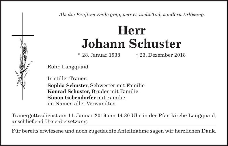 Traueranzeige Johann Schuster