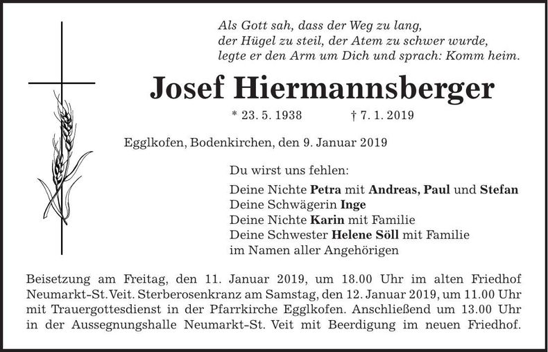 Traueranzeige Josef Hiermannsberger