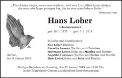 Traueranzeige Hans Loher