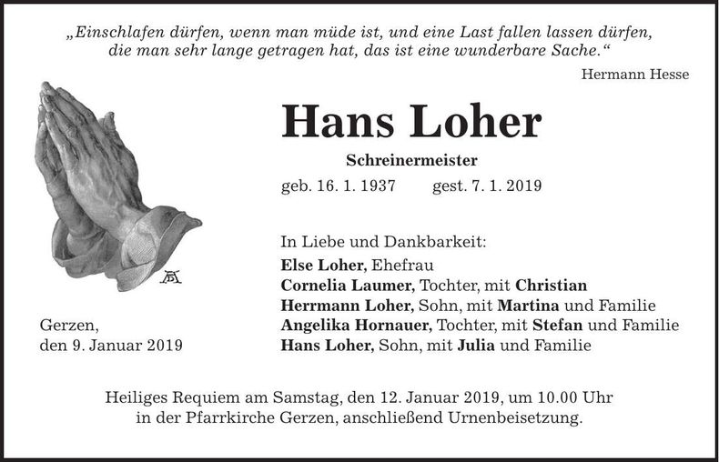 Traueranzeige Hans Loher
