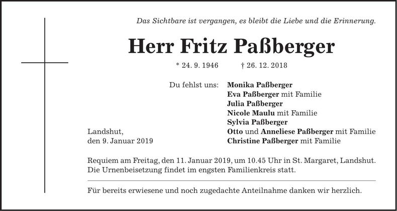 Traueranzeige Fritz Paßberger