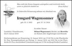 Traueranzeige Irmgard Wagensonner