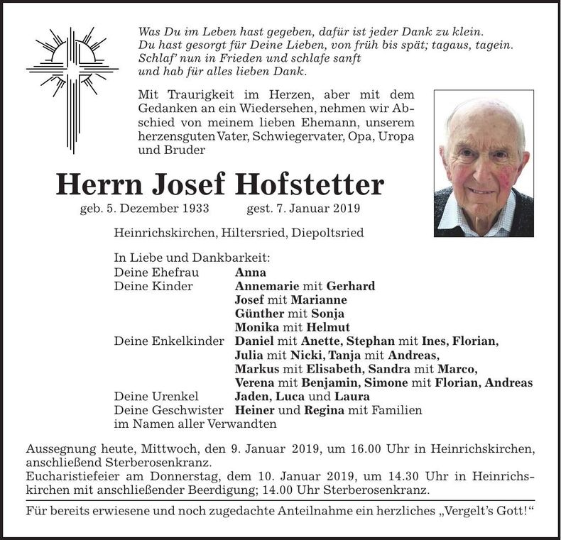 Traueranzeige Josef Hofstetter