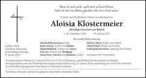 Traueranzeige Aloisia Klostermeier