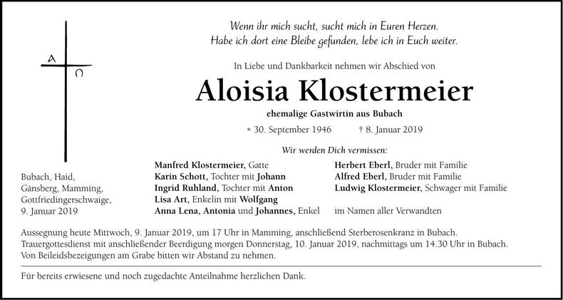 Traueranzeige Aloisia Klostermeier