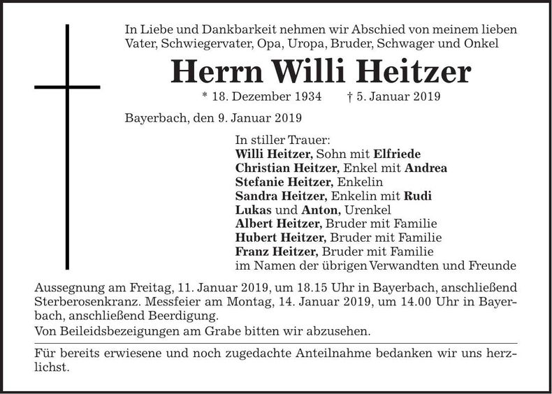 Traueranzeige Willi Heitzer