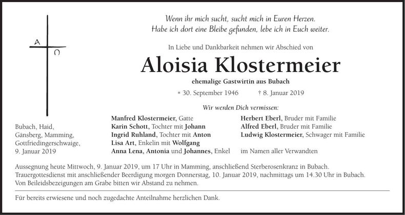 Traueranzeige Aloisia Klostermeier