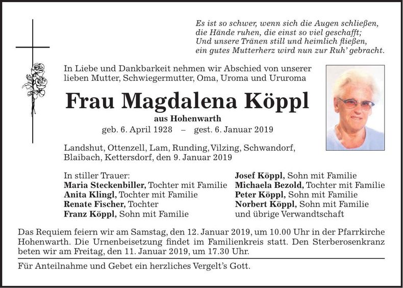 Traueranzeige Magdalena Köppl