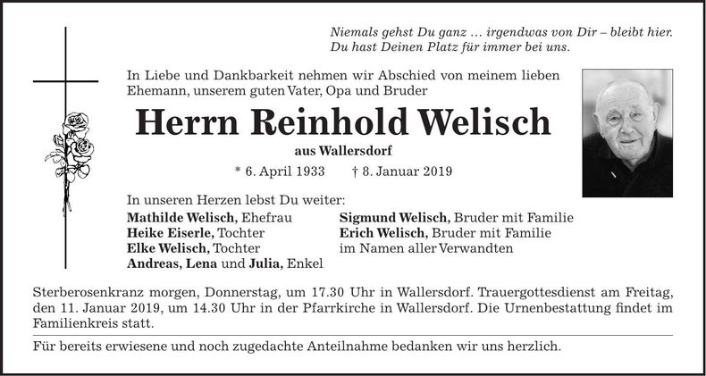 Traueranzeige Reinhold Welisch