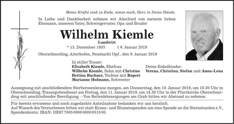 Traueranzeige Wilhelm Kiemle
