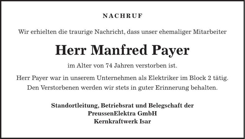 Traueranzeige Manfred Payer