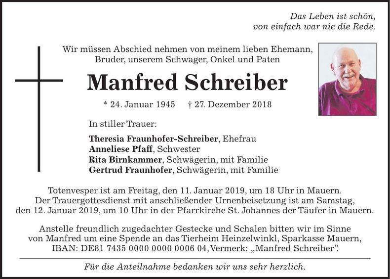 Traueranzeige Manfred Schreiber